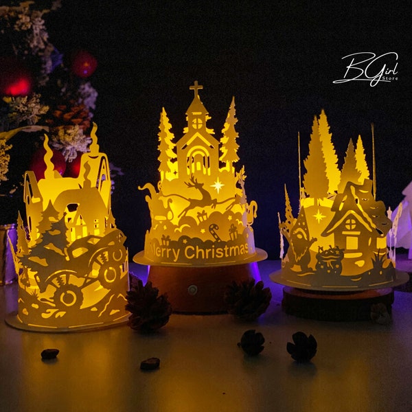 Pack 3 Weihnachten Papierschnitt Kuppel Laterne Licht Box Vorlage, 3D Laterne Papierschnitt Lightbox DIY, schneiden Cricut, svg Vorlage Cricut