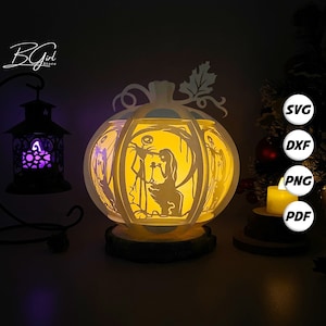 Lanterna di Halloween con zucche di Nightmare Before Christmas in formato SVG per progetti Cricut fai da te, lanterna di carta per decorazioni di Halloween, scatola luminosa di carta ritagliata