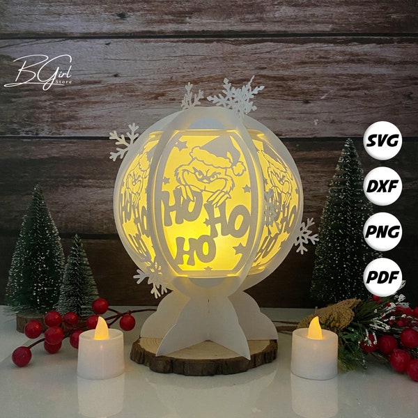 Joyeux Noël papier découpé modèle lightbox lanterne boule de neige, 3D lanterne papier découpé lightbox svg bricolage, découpe Cricut, modèle svg Cricut