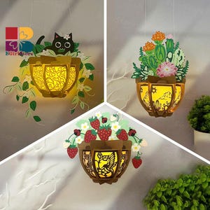 Paket med 3 växtlykta i PDF, SVG, Studio-mall - DIY-mall för växtpappersklipp - Växtlykta för heminredning