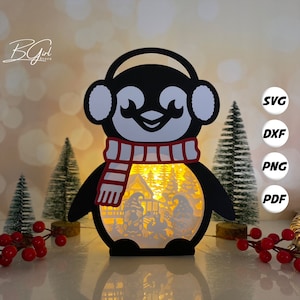 Gnomo navideño 2 (caja de pingüinos) SVG para proyectos de Cricut (DIY), linterna de papel para decoración navideña, caja de luz de papel cortado