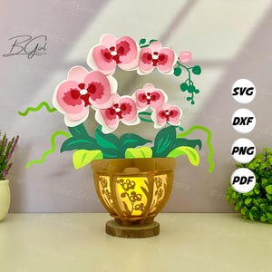 Lanterna a forma di vaso di fiori con orchidea in formato PDF, SVG, modello da studio - Modello fai da te per ritagliare la carta con fiori - Lanterna a forma di pianta per decorazioni domestiche