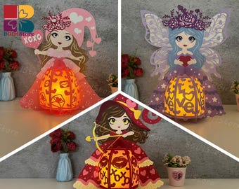 Pack 3 Girl Valentine Lantern SVG For Cricut Projects DIY, Paper Lantern For Valentine Decor, Paper Cut Light Box