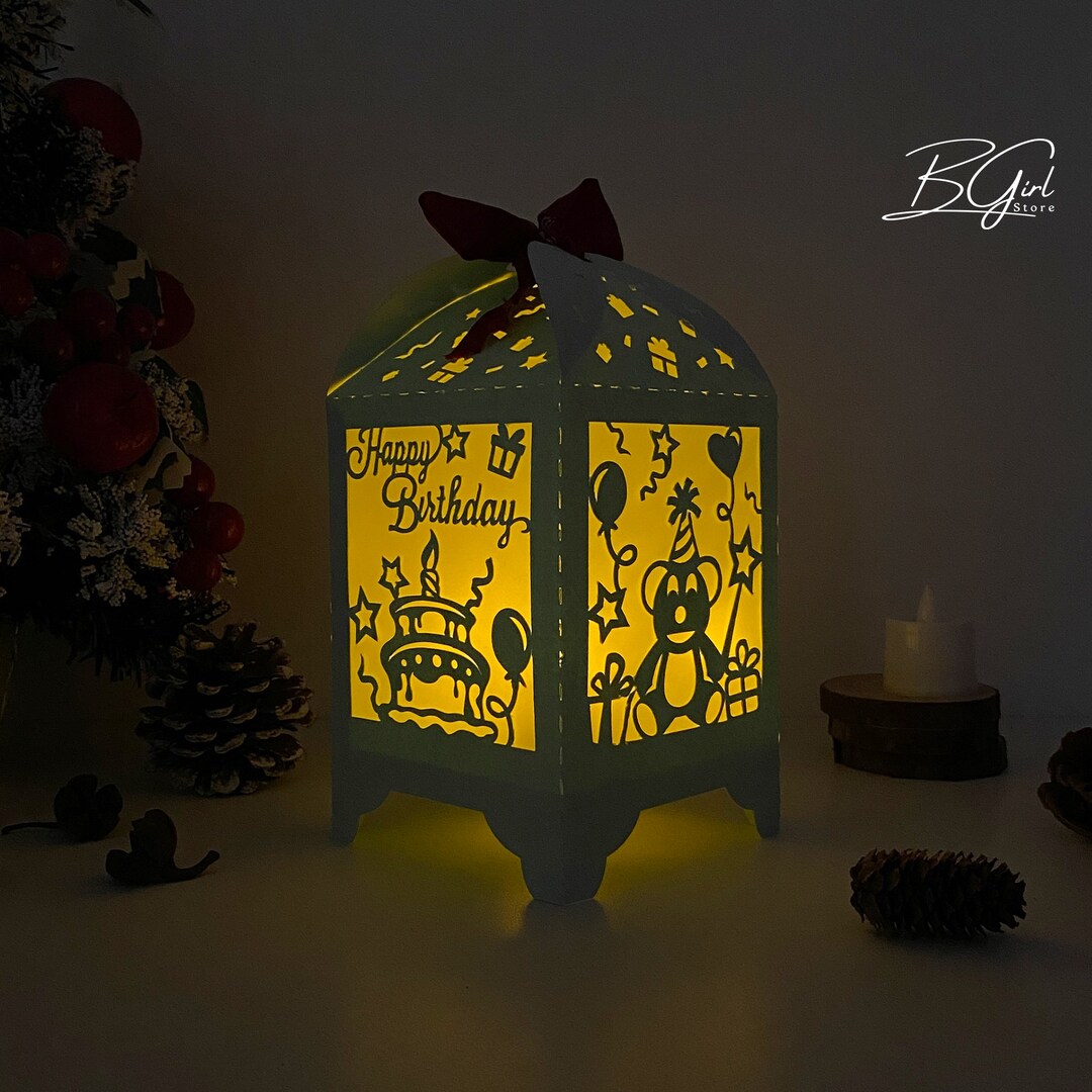 Happy Birthday Paper Cut Lantern Light Box Template, Svg Template