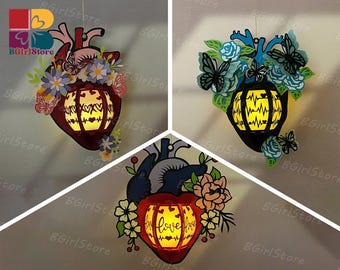 Pack 3 Heart Lantern SVG For Cricut Projects DIY, Paper Lantern For Valentine Decor, Paper Cut Light Box
