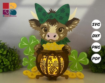St. Patrick’s Day Highland Cow Lantern PDF, SVG, Studio Template - DIY Patrick Day Paper Cut Template - Patrick Lantern for Home Decoration