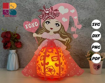 Girl Valentine Lantern SVG For Cricut Projects DIY, Paper Lantern For Valentine Decor, Paper Cut Light Box 2