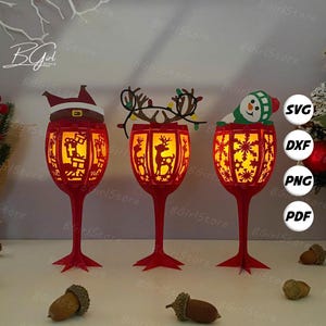 Lanterne de Noël verres à vin PDF, SVG, modèle Studio - verres à vin bricolage modèle papier découpé - lanterne princesse pour décorations de Noël