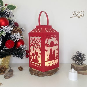 Plantilla de caja de luz de linterna de papel recortada de pareja de gatos, corte Cricut, archivo SVG de caja de luz de papel recortado de linterna 3D DIY, corte de papel de caja de sombra