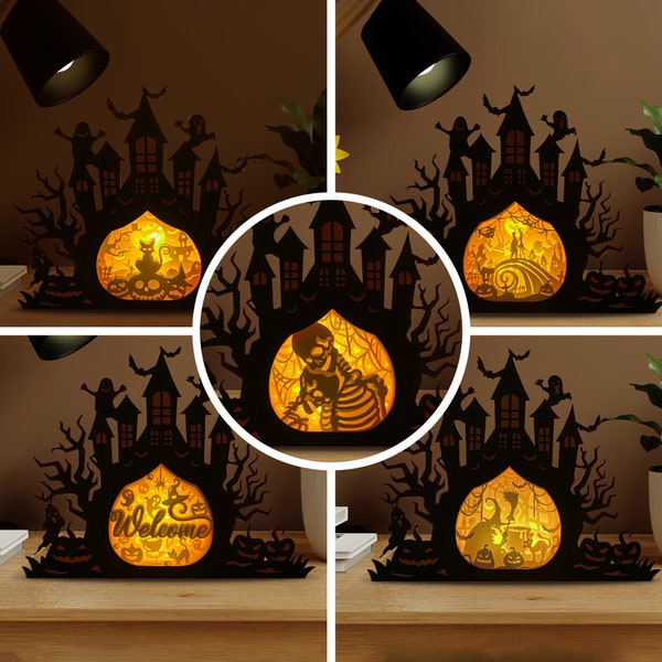 Pack 5 Lanterne de château hanté d’Halloween SVG pour les projets Cricut DIY, Lanterne de château pour le décor d’Halloween, boîte à lumière découpée en papier