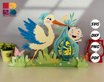 Stork and Baby Lantern PDF, SVG, Studio Template - DIY Baby Paper Cut Template - Baby Lantern for Home Decorations