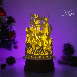 Modello per scatola luminosa a cupola in carta tagliata di buon compleanno, file svg per scatola luminosa in carta tagliata 3D fai da te, taglio Cricut, modello svg Cricut