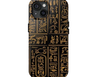 May include: Black phone case featuring a gold hieroglyphic design. The case has a glossy finish and a rectangular shape with rounded corners. The design is a repeating pattern of ancient Egyptian symbols.