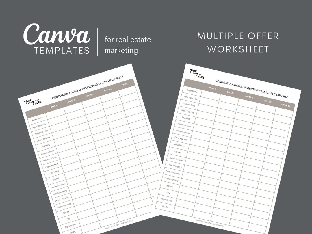Real Estate Multiple Offer Worksheet Realtor Marketing Real Estate