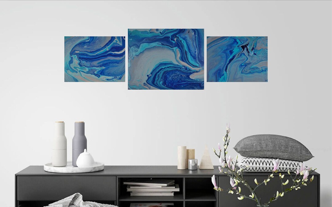 Tranquil Riptide Set of 3 Wall Art, Acrylic Pour Painting for Home
