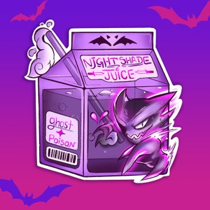 Night Shade Juice sticker Haunter ghost Pokemon kunst sticker, anime kunst, paarse gif esthetiek