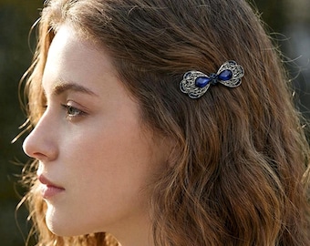 Vintage haarspeld met blauw lint, art deco-speldje saffierkristal, antieke zilveren filigraan Franse clip, cadeau voor haar