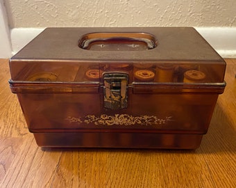 Vintage Plastic Amber Sewing Box w/Thread, Scissors, Misc