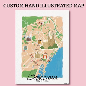 May include: A custom hand illustrated map of Barcelona featuring landmarks like the Sagrada Familia, Park Guell, and Arc de Triomf. The map includes red star markers, food illustrations, and the text Barcelona April 14-19, 2026, on a white background.