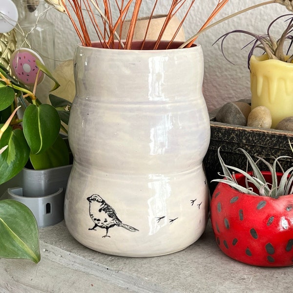 BIRD'S THE WORD: Handmade, Wheel-Thrown Ceramic Bubble Vase With Watercolor Effect, Stamped Bird And Bird Tracks