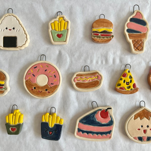 CHRISTMAS FEAST: Small, Handmade, Hand-Painted Ceramic Junk Food Christmas Ornaments - Fries! Burgers! Hot Dogs!