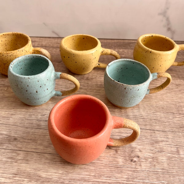 Small, Handmade, Wheel-Thrown Ceramic Espresso Cups In Bright, Bold Colors With Raw Clay Handle Accent - Also Make Great Shot Glasses!