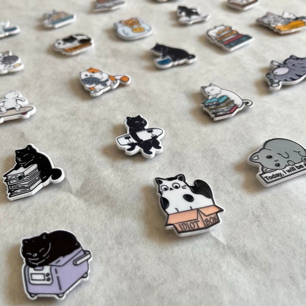 PURR MOODS: Sets Of 8 Acrylic Cat Refrigerator Magnets - Cats Sitting In Boxes, Cats Reading Books, Cats Doing Cat Stuff In Magnet Form!