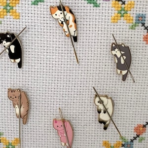 CAT-CH & RELEASE: Sets Of 3 Cat Enamel Charm Needle Minders - Cats Of All Colors Being Held By Their Scruffs! What Could Be Better!