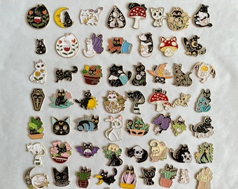 MEOWGICAL CATS: Sets Of 8 Enamel Charm Refrigerator Magnets Featuring Plant-Themed Cats, Magic-Themed Cats, Or Both!