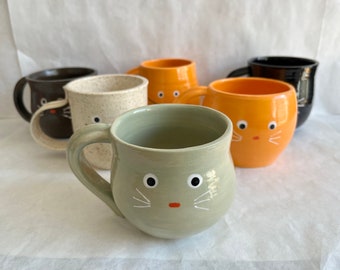 DECAT COFFEE: Handmade, Wheel-Thrown, Ceramic Coffee Mugs / Cups Featuring Cute Cat Faces To Get You Through The Morning!