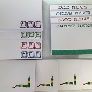 CARDS ON FILM: Unique Cross Stitch Stationery Sets Of Four Cards And Four Envelopes - Botellas de vino, Buenas Noticias, Abreviaturas de Internet