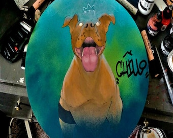 Dog Tags: 'King Me' Original Staffordshire Terrier Circle MDF Board Anthro Blue And Green Graffiti Character Art Painting