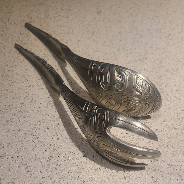 Vintage Canadian Boma Pewter Spoon Fork Set - First Nations Indigenous Gifts - Totem Pole Handle