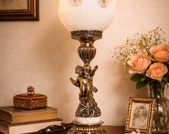 Lámpara de querubín de latón italiano vintage, base de mármol, decoración neoclásica