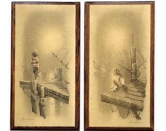 Juego de placas de pared vintage con motivos costeros, láminas náuticas de niños y niñas de los años 70, arte en madera sellada, par de decoración para casas de playa.