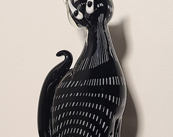 Figura de gato de cristal artístico vintage • Escultura estilo Murano en blanco y negro