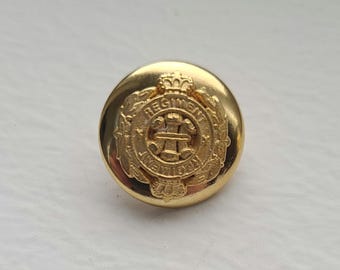 Botones metálicos vintage con escudo de regimiento / Estilo militar tono dorado / 5/8” / Juego de 4