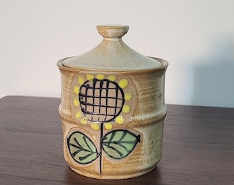 Tarro japonés antiguo con tapa • Bote de girasol pintado a mano de mediados de siglo
