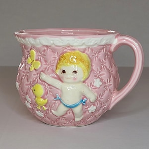 Vintage Pink Ceramic Mug Planter. Retro Newborn Baby Girl Nursery Decor. Cute Gifts