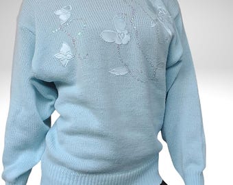 Vintage 80s Scarpini Knit Sweater | Baby Blue Floral Beaded Pullover