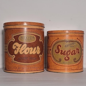 Vintage 1970s Advertising Tin Set. Flour, Sugar Storage Tins.