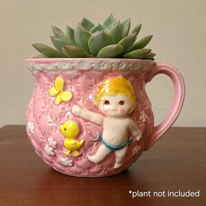 Vintage Pink Planter Mug • 1985 Japan Kewpie Style • Ceramic Succulent Pot • Nursery Decor