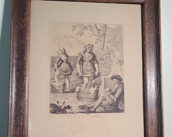 Grabado antiguo de lavado escocés • Marco de madera rústica • Decoración de pared estilo casa de campo