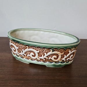 Vintage Oval Ceramic Planter • Green Brown Glazed Pottery • Raised Scrollwork • Footed Indoor Plant Pot • Mid Century Decor