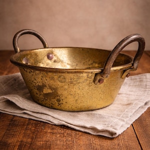Antique French Brass Jam Pan • Copper Riveted Pot, Rustic Farmhouse Planter