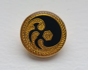 Botones vintage de esmalte negro y dorado / Diseño ornamental en espiral / 5/8" / Juego de 5 / Vástago de metal