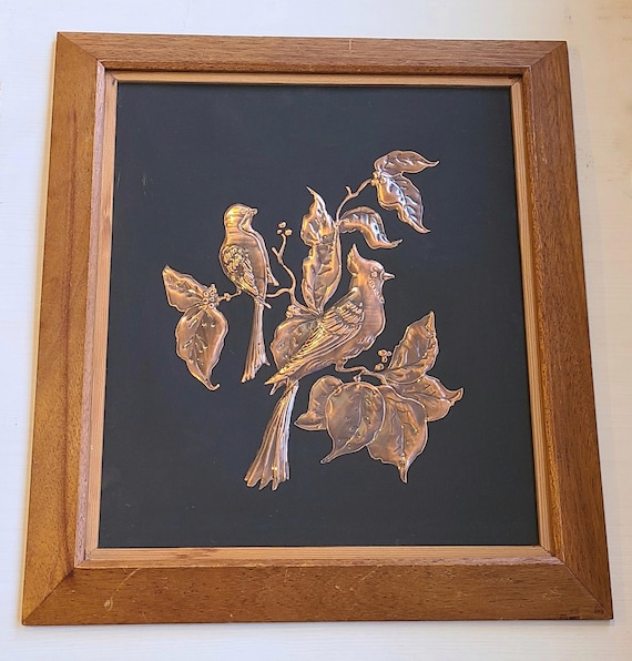 Vintage Copper Relief Bird Art. Framed Metal Art. Country