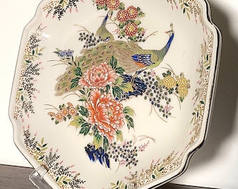 Assiette paon japonaise vintage • Assiette décorative en porcelaine peinte à la main de 20 cm (20 cm) • Décoration murale florale du Japon