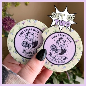 Books & Cats, Car Accessories, Car Coasters Pack, Car Cupholder Coasters, Book Lover, Cat Lover, Vintage, Tiny Flowers
