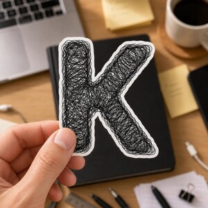 May include: A die-cut sticker featuring the letter K rendered in a dense, black scribbled ink style with a white border. The letter is shaped by overlapping, chaotic black lines that create a textured, hand-drawn appearance against a white background.